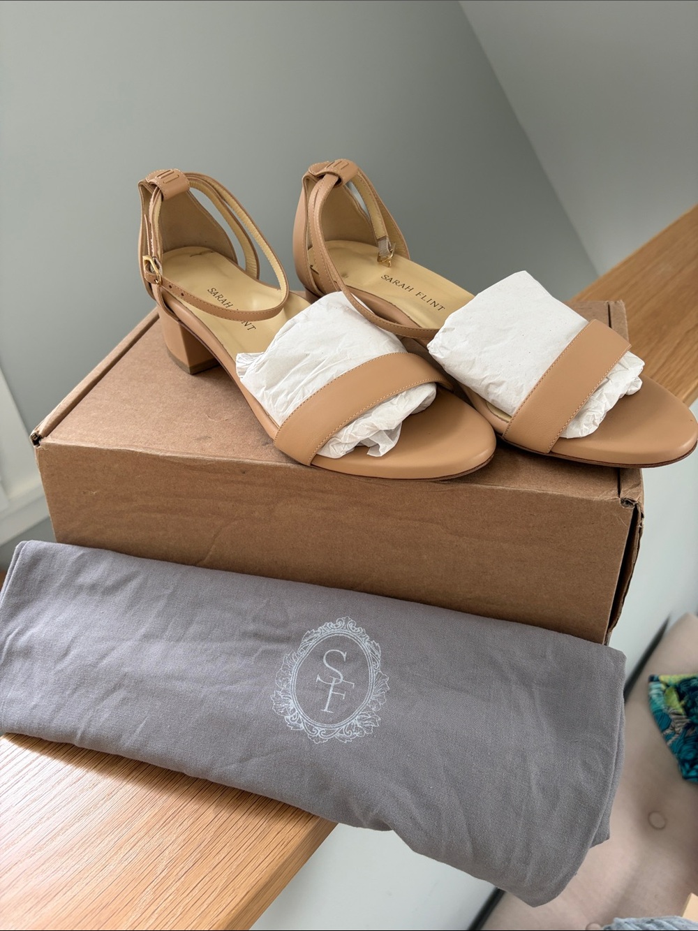 Sarah Flint Camel/Tan Low Block Heel Sandals